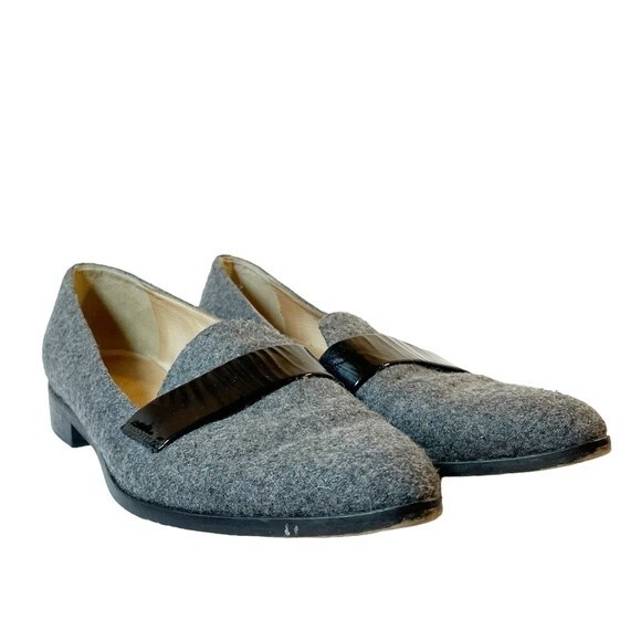 J. Crew Flats Gray Felted Wool Black Patent Leather Loafers Womens Size 8 Preppy - Picture 5 of 14
